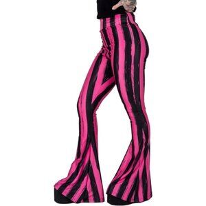 Too Fast ✦ Flare Pants XS ✦ Pink Black Striped High-Waisted 70s Punk Stretch NWT